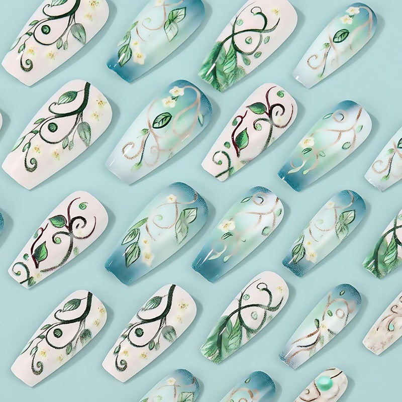 CJDLTS Green Press on Nails Medium Ballet Shaped Green Vine False Nail Spring Manicure Acrylic Glossy Glue on Nails Press Ons Fingernails Full Cover Artificial Stick on Nail for Women 24Pcs - Image 3